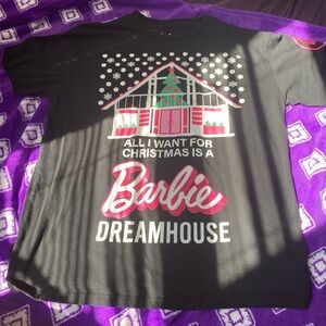 Barbie Black Graphic Tee with Pink and Green Holiday Print